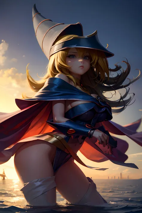 (Obra maestra:1.2), (La mejor calidad:1.2), Perfect lighting, Chica Maga Oscura lanzando un hechizo, flotando en el aire, tetas grandes, escote, blue robe, sombrero grande, desde arriba, Destellos, Yugioh Card en el fondo