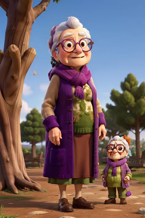 masterpiece, best quality, an old woman with glasses and a scarf on, wearing a purple coat and green scarf, standing at the park