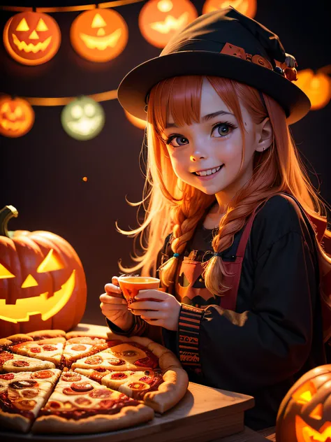 Halloween night , halloween pumpkins, boy and girl children comendo pizzas, Jogando Arcade Video Games, sorrindo e falando, lugar divertido, imagem colorida, 8k, highes definition, high resolutions, circunstanciado, 50mm lens, bokeh ligths