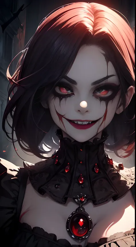 (highly-detailed,masterpiece:1.2),crazy detailed clown,grotesque,gothic,mysterious eyes,mischievous grin,dark humor,distorted face,sharp teeth,blood red lips,macabre,haunting atmosphere,dazzling colors,freakish makeup,menacing presence,dynamic pose,dark ba...