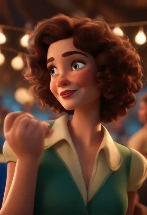 Pixar style image with 3D character white glasses brunette woman short curly hair dancing, Maquiagem Disney,Pescador, bonitinho, sorridente ,Close-up, Pixar, Disney, Cinema lighting,