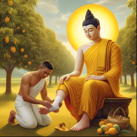 buddha giving a foot massage to a man in a field, buddhist, buddhism, buddha, buddhist art, on path to enlightenment, by John La Gatta, beautiful depiction, the buddha, on the path to enlightenment, by Wayne England, by John Moonan, by Sasha Putrya, by Art...