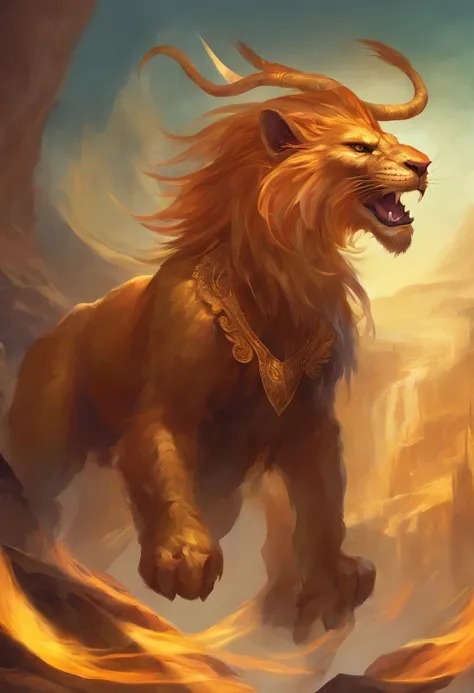 A manticore with ginger fur, a single horn on its forehead wearing gold bracelets