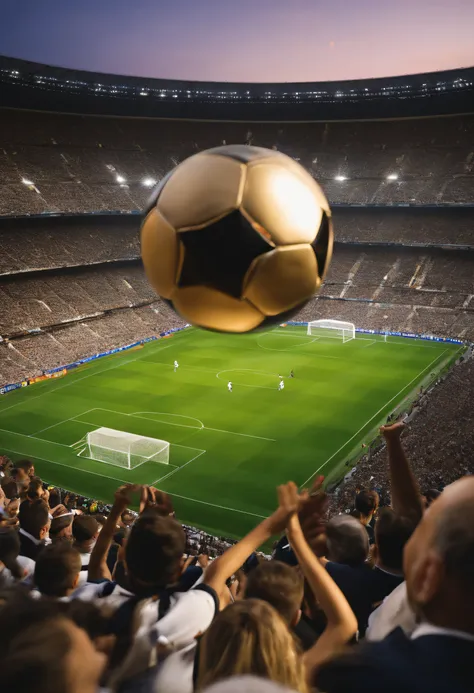 a football match at the Real Madrid stadium, um menino de 7 anos magrelo, com cabelos loiro, Putting on a golden boot, Scores a goal that brings the crowd in the stadium to its feet