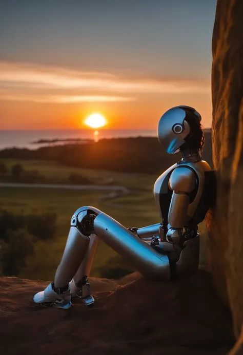 15 year old girl sitting on her back watching the beautiful sunset and sitting next to her next to her a robot android