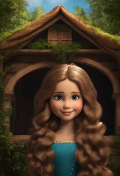 menina: Alicia, aproximadamente 7 anos de idade, cabelo longo estilo Disney, olhos castanhos e sorrisos. Menina: Julia Ana, 10 anos, longos cabelos cacheados e olhos castanhos. scenecy: Alicia and Ana Julia are in a cozy little house in the valley, ao fund...