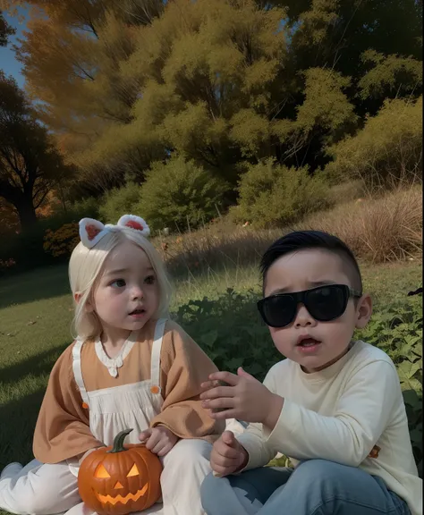 Two children sitting on a pumpkin blanket, in a halloween style, Ruan Jia and Brom, 🍁 Cute, spooky filter, with ivy, 🤬 🤮 💕 🎀, 🍂 Cute, Pumpkin patch, next gen, 😭 🤮 💕 🎀, highlight, background image, They are brothers and sisters, full costume, Trick or treat...