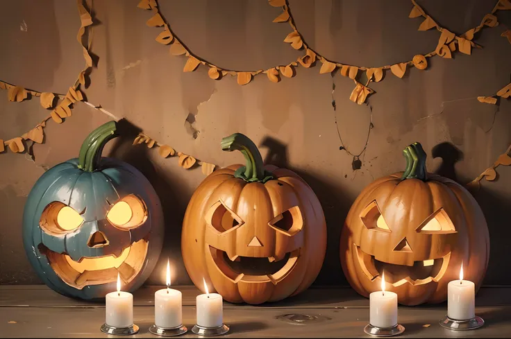 photo of a few pumpkins arranged on a stone wall for Halloween, lit by candles, with a mans bald head peeking through the middle of the wall on the other side, (a bald European with a clean shave at 40 years old) - a hilarious image --auto --s2