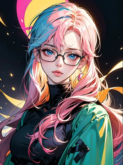 anime girl with glasses and a pink hair and a black background, anime vibes, 8 0 s anime vibe, anime girl with cosmic hair, anime style 4 k, digital anime illustration, beautiful anime art style, glowwave girl portrait, anime style portrait, anime art styl...