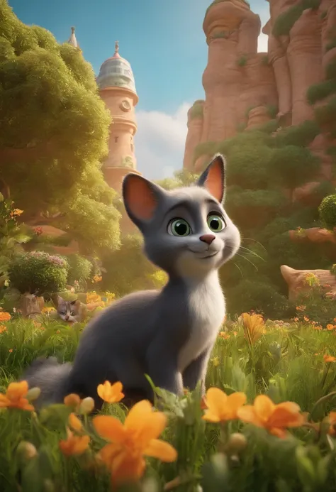 A Disney-Pixar-style 3D movie poster, retrata um jardim com filhotes de gatinhos e cachorrinhos brincando na grama ao fundo, um menino de 2 meses, moreno, cabelo cacheado curto na cor castanho, olhos castanhos brilhantes,  vestindo uma camisa social branca...