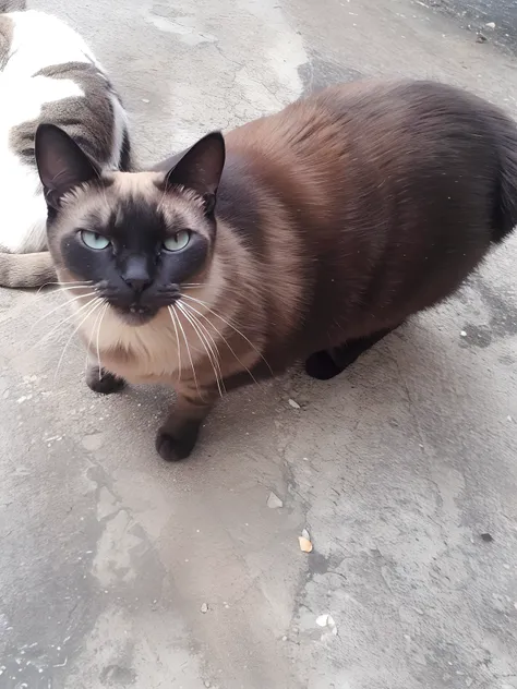 Theres a cat thats standing on the ground looking at the camera, aesthetic siamese cat, awesome cat, gato zangado, menina rabugenta bonita, Tomado com Sony Alpha 9, cat female with a whit and chest, bela imagem de vira-lata, olhar orgulhoso, she is looking...