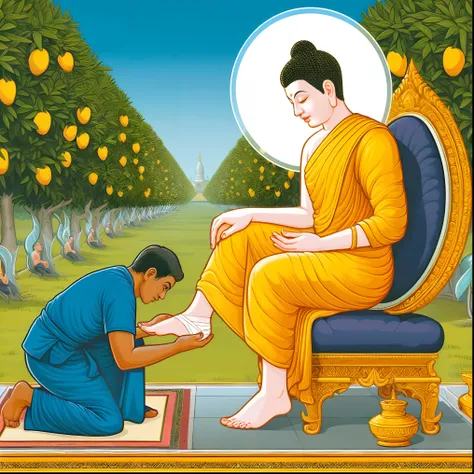 a man kneeling down to a man who is kneeling down on a rug, buddhism, buddhist, beautiful depiction, buddha, the buddha, by David Burton-Richardson, by Gen Paul, on path to enlightenment, on the path to enlightenment, buddhist art, by John Moonan, by Nicho...