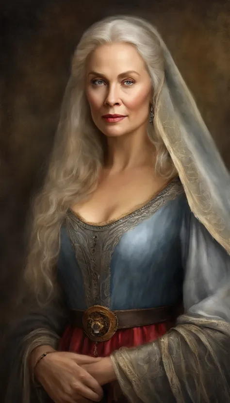 Portrait of an elderly woman 70 years old, very beautiful medieval Mirena from the film Dracula Untold (2014), female image of Mirena from the film Dracula Untold (2014), very beautiful and slender face of Sarah Gadon, long thick blonde hair, Her hair shin...