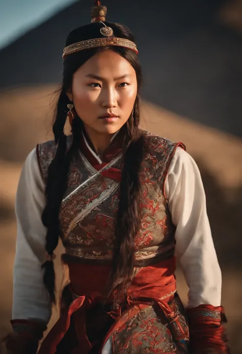 Hyper-realistic photograph of a Mongol girl engaged in a fierce battle with men, showcasing her strength and determination. She wears traditional Mongolian dress, adorned with intricate patterns and vibrant colors. The intense fight takes place in a vast, ...