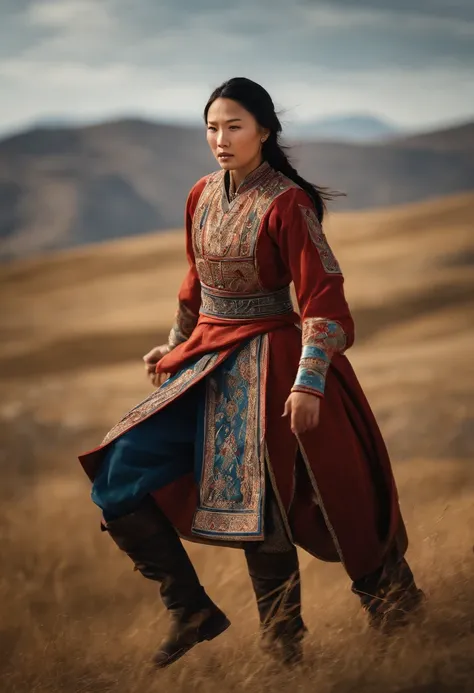 Hyper-realistic photograph of a Mongol girl engaged in a fierce battle with men, showcasing her strength and determination. She wears traditional Mongolian dress, adorned with intricate patterns and vibrant colors. The intense fight takes place in a vast, ...