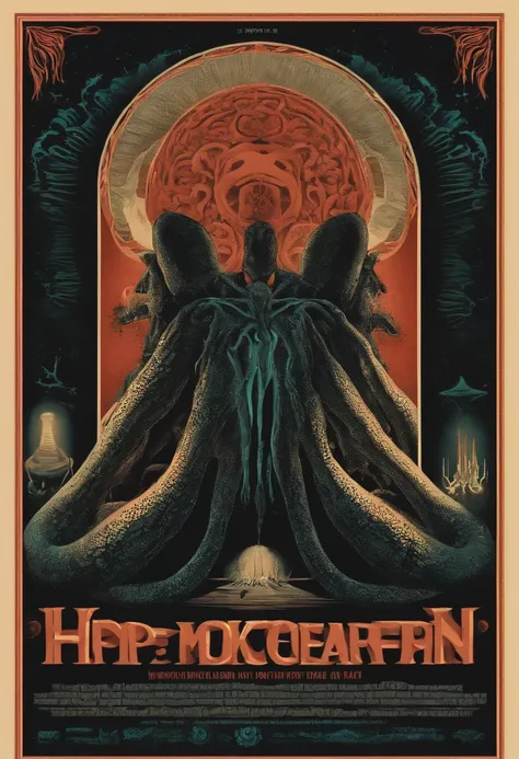 POSTER ART, Explore the Lovecraftian horror genre with an illustration of Body that conveys the otherworldly and cosmic dread often associated with the works of H.P. Lovecraft. text, logos, modern art, pop art, black background, alluring design