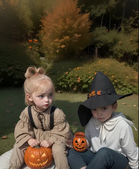 Two children sitting on a pumpkin blanket, in a halloween style, Ruan Jia and Brom, 🍁 Cute, spooky filter, with ivy, 🤬 🤮 💕 🎀, 🍂 Cute, Pumpkin patch, next gen, 😭 🤮 💕 🎀, highlight, background image, They are brothers and sisters, full costume, Trick or treat...