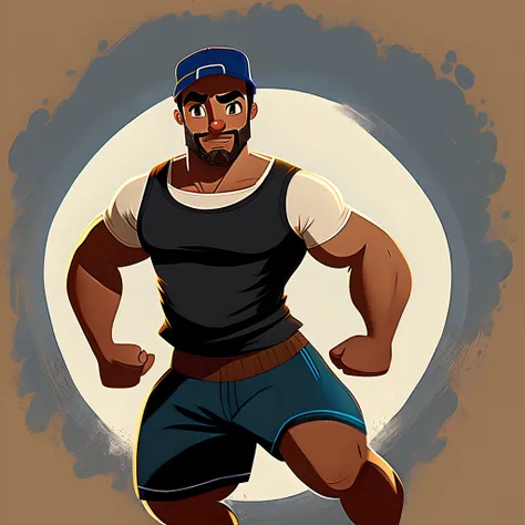 Disney Pixar poster style, homem pele  negra de barba, straight flap cap, Tank top and athletic body t-shirt. Segurando halter