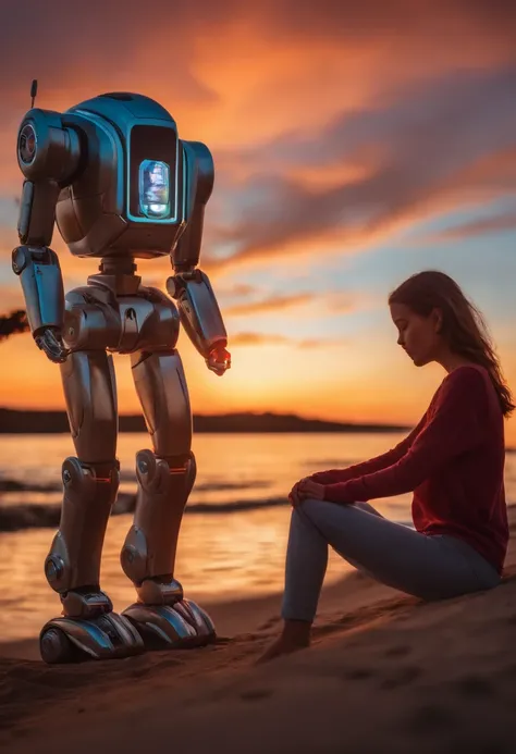 15 year old human girl sitting on her back watching a beautiful sunset and sitting next to her an android robot watching the sunset