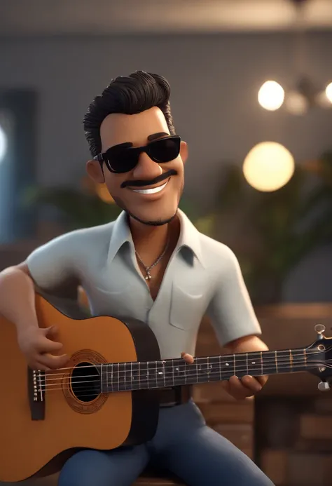 Cartoon character of a man with black sunglasses, cabelo cacheado preto  e uma camisa azul, with guitar animation character, Caractere estilizado, animation style rendering, 3D estilizado, Arnold Maya render, 3 d render stylized, toon render keyshot, Perso...