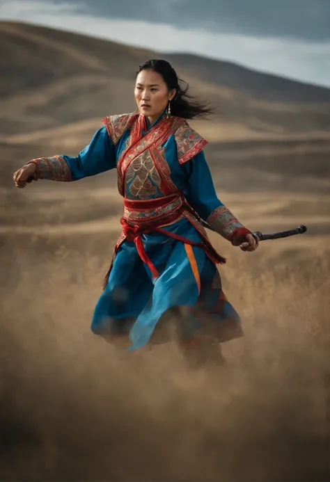 Hyper-realistic photograph of a Mongol girl engaged in a fierce battle with men, showcasing her strength and determination. She wears traditional Mongolian dress, adorned with intricate patterns and vibrant colors. The intense fight takes place in a vast, ...