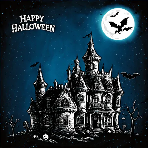 a blue background with a castle and bats and a happy halloween sign, happy, halloween celebration, halloween theme, halloween wallpaper with ghosts, halloween, halloween art style, scary magic background, spooky halloween theme, background haunted, ("hallo...