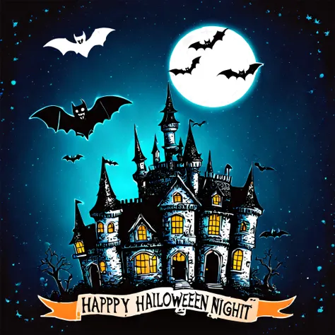 a blue background with a castle and bats and a happy halloween sign, happy, halloween celebration, halloween theme, halloween wallpaper with ghosts, halloween, halloween art style, scary magic background, spooky halloween theme, background haunted, ("hallo...