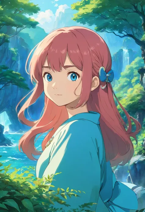 uma menina de cabelos cacheados usando um colar de anime, um colar longo de cristal e brincos, no estilo de paisagens de jardim tranquilas, animated color photos, Masami Teraoka, aquamarine, Paulo Gauguin, Estilo Embry, retrato honesto