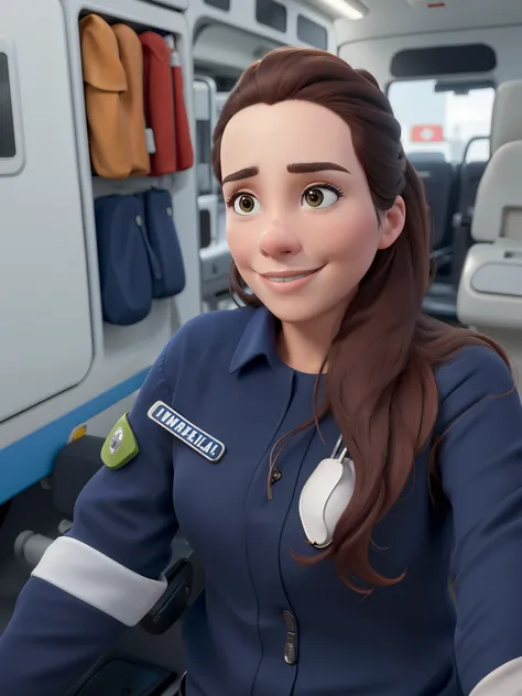 obra-prima, melhor qualidade, cabelo castanho, Enfermeira de pele clara, Wearing gloves and surgical mask in an ambulance.