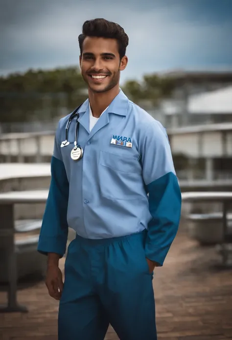 Young Brazilian male adult. He must be wearing a healthcare uniform with a badge displaying the name MARIA. He has captivating smile. Make sure it is in a hospital setting where the name HAPVIDA is incorporated in a subtle way, using the colors orange and ...