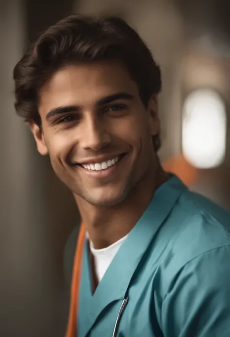 Young Brazilian male adult. He must be wearing a healthcare uniform with a badge displaying the name MARIA. He has captivating smile. Make sure it is in a hospital setting where the name HAPVIDA is incorporated in a subtle way, using the colors orange and ...