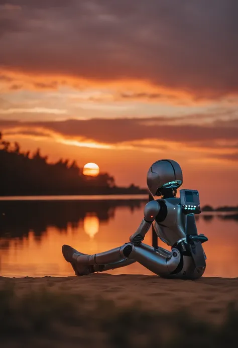 15 year old human girl sitting on her back watching a beautiful sunset and sitting next to her an android robot