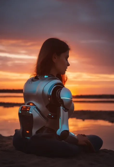 15 year old human girl sitting on her back watching a beautiful sunset and sitting next to her an android robot