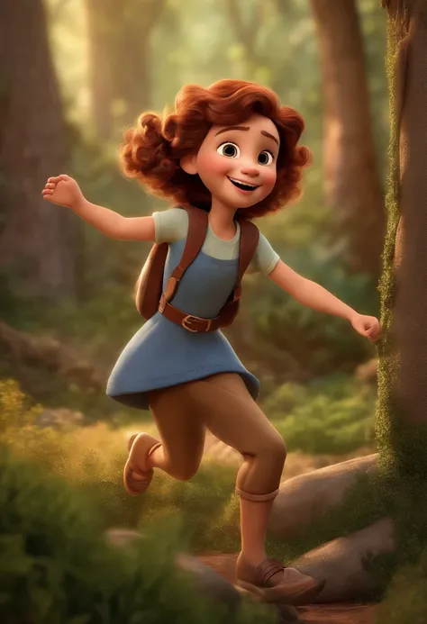 "(best quality,ultra-detalhado,Realistic:1.37),3D rendering,illustration, menina aventureira, com mochila nas costas, design de personagens,cabelos curto e crespo escuros, belos olhos pequenos detalhados,Estilo Pixar,morena menina, Dancing in the Disney Fo...