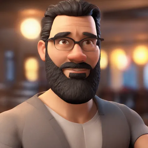 Criar um personagem no estilo Pixar. Trata-se de um homem de 30 anos, com barba, preta, com cabelos preto, e olhos castanhos. He must be at the head of the people, Trabalhar como politico