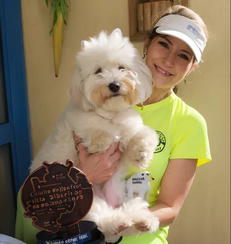 Woman holding a white dog in her arms with a sign in her hand, Caroline Gariba, enfeitado, one dog, Jaqueline E, bonito, cada, cane, Anna, Nilo, Heidi, muito feliz!, muito feliz, altamente detalhado, Sandra Chevier, margarida, barbara canepa, caninos espor...