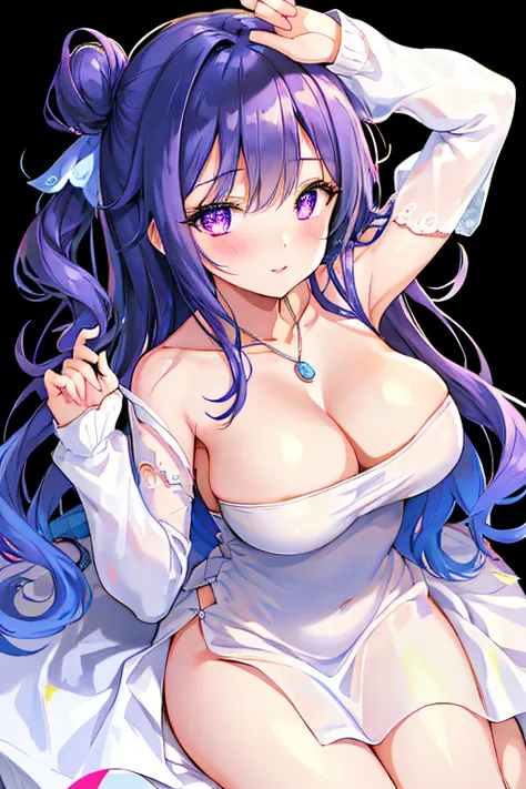 (best quality,4k,highres),long black hair,powder blue pupils,purple pendant,white dress,large breasts,beautiful girl looking at viewer,happy,sexy,alluring,portraits,vivid colors,soft lighting