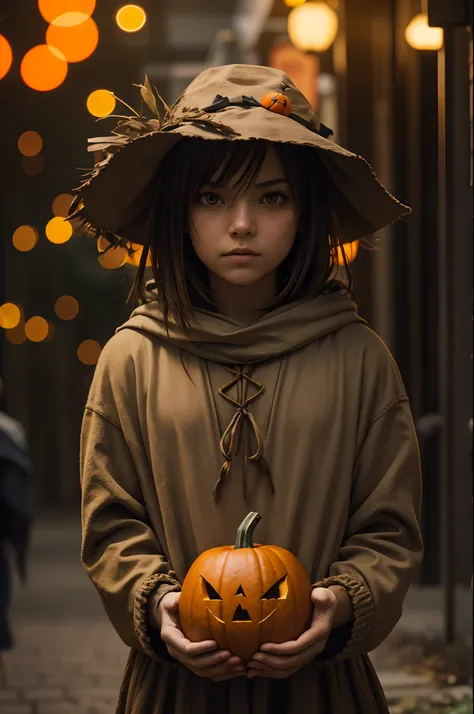 cinematic film still, Scarecrow with pumpkin head, shallow depth of field, vignette, highly detailed, high budget Hollywood movie, bokeh, cinemascope, moody, epic, gorgeous, film grain, grainy