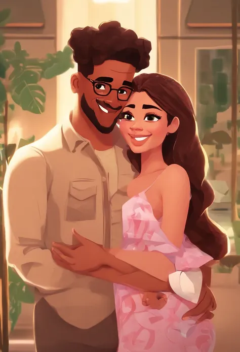 An illustration of an adorable couple, Highlight for a chubby mulatto man with glasses smiling and a brunette woman with beautiful expressive eyes - the mans skin is mulatto and the mans hair haswhile the womans skin is black and the womans hair is straigh...