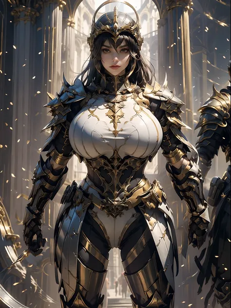 a beautiful golden-greek-armored warrioress, jet-black hair, spartan helmet, muscular, huge and heavy breasts, looking at viewer, masterpiece, best quality, 8k, blurred background, medieval fantasy castle in the background