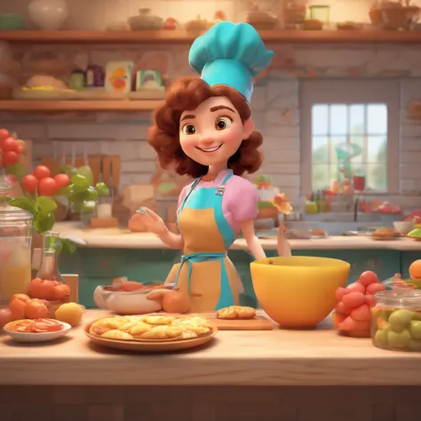 (high-quality,realistic,Pixar-style:1.1),3D animated scene,woman with straight brown hair,35 years old,cooking,dressed as a pastry chef,garden scene, bright and vibrant colors,warm lighting,delicious pastries on display,detailed kitchen utensils and ingred...