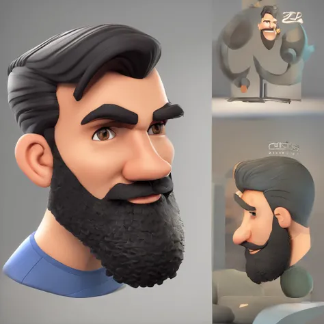 Criar um personagem no estilo Pixar. Trata-se de um homem de 33 anos com barba preta e cabelo preto tatuado com camiseta preta lisa