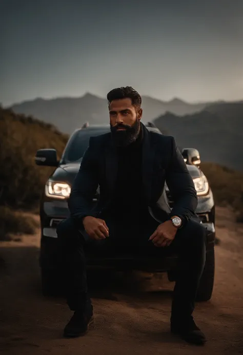 homem com pele parda,Physically well built, Sentado em um SUV,,barba muito curta,em breve,black business costume