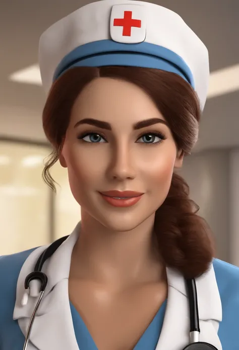 3d animation style, young Brazilian girl adult, who is a nurse in the healthcare field. with expressive eyes and a captivating smile. She must be wearing a healthcare uniform, with a badge that displays the name "MARIA". Make sure it is in a hospital setti...