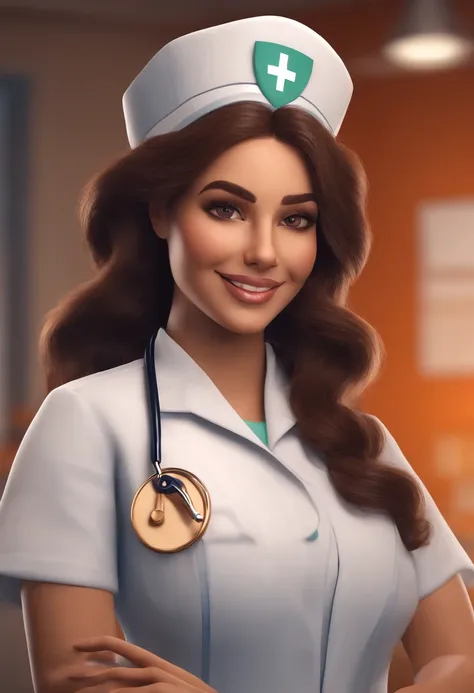 3d animation style, young Brazilian girl adult, who is a nurse in the healthcare field. with expressive eyes and a captivating smile. She must be wearing a healthcare uniform, with a badge that displays the name "MARIA". Make sure it is in a hospital setti...