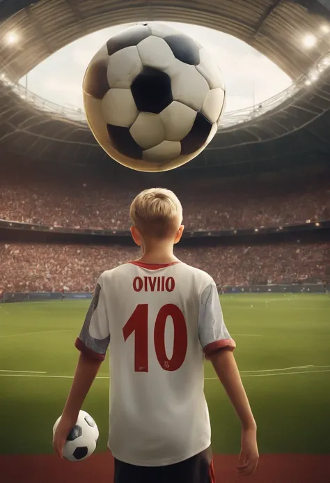 Create a boy inside a blond Disney style soccer field and a bunch of people around and the boy reaching a ball and behind the shirt is written Otavio