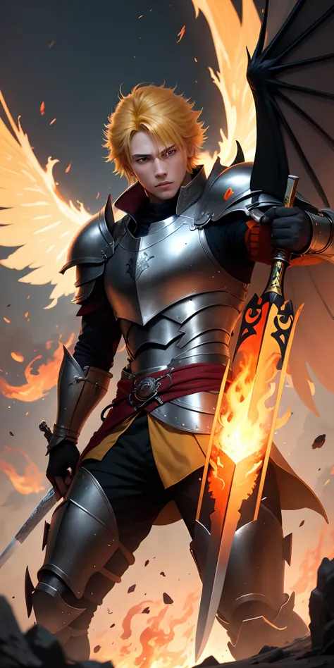 A orange and yellow haired swordsman with black armor and fire wings. Holding a large flaming greatsword