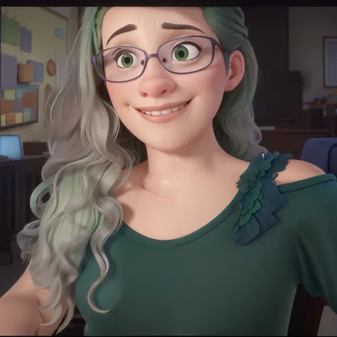 Obra-prima, de melhor qualidade, mulher Pixar,of pixar glasses, vestindo blusa verde e cabelos soltos e ondulados pixar, in a Pixar math classroom Pixar.