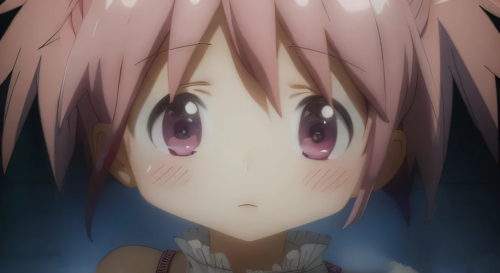 Girl with pink hair and red eyes staring at something, Madoka Kaname, Madoka Magica, Close up of young girl, Cute girl visuals, Innocent face, Still image frame