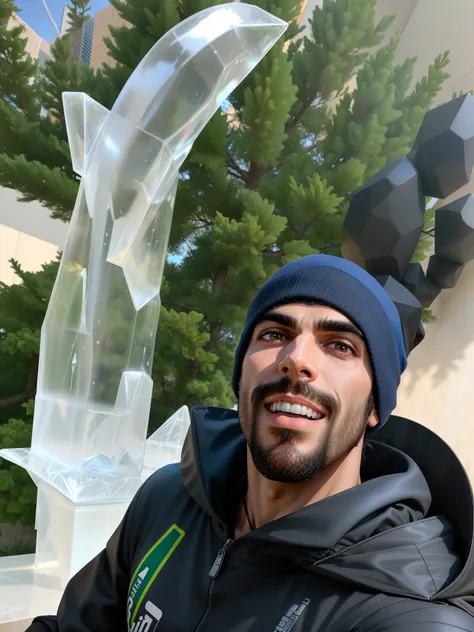 Man in black jacket and black hat holding a large ice sculpture, frio como gelo! 🧊, coberto de gelo, sentado no trono de gelo, retrato do homem feito do gelo, gelo - entalhe, foto do perfil, em um trono gelado, with a tree in the background, Mestre do gelo...